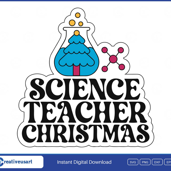 Science Teacher Christmas with a bubbling beaker on a collegiate patch SVG design on a white background