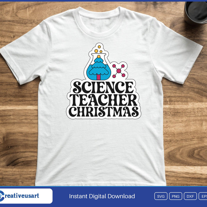 Science Teacher Christmas with a bubbling beaker on a collegiate patch SVG printed on a white t-shirt