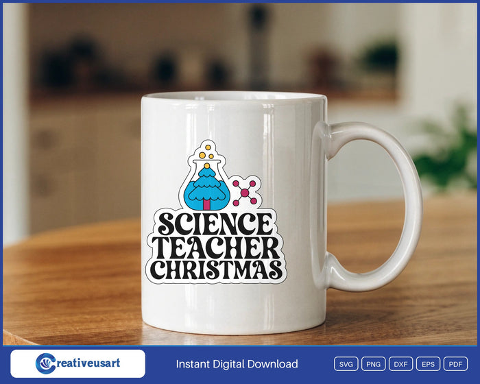 Science Teacher Christmas with a bubbling beaker on a collegiate patch SVG design on a white coffee mug