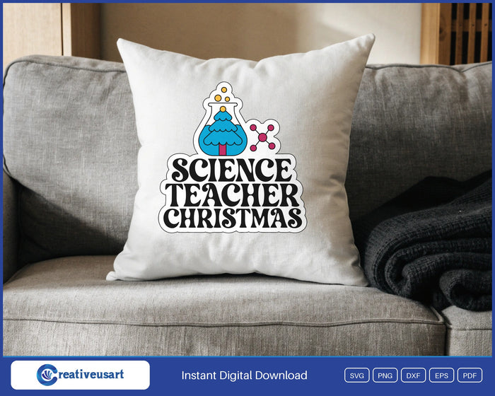 Science Teacher Christmas with a bubbling beaker on a collegiate patch SVG design on a white throw pillow