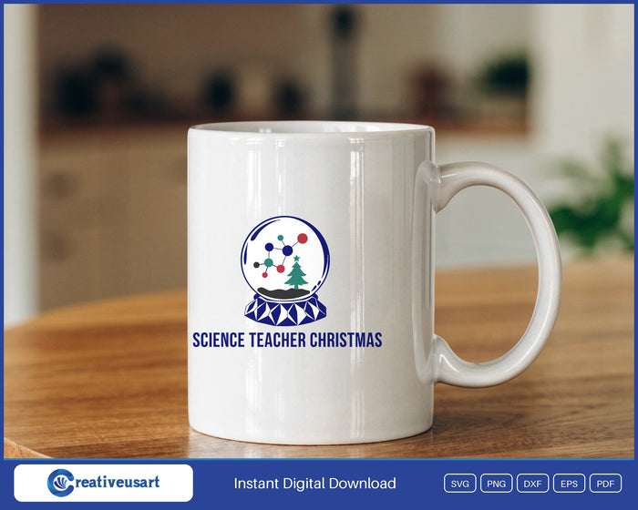 Science Teacher Christmas with a snow globe scene SVG design on a white coffee mug