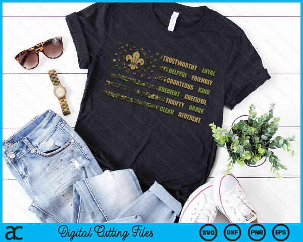 Scout Leader Funny Scout Camping Camo US America Flag Retro SVG PNG Digital Cutting File - on a t-shirt
