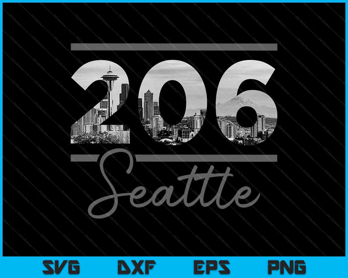 Seattle 206 Netnummer Skyline Washington Vintage SVG PNG Snijden afdrukbare bestanden