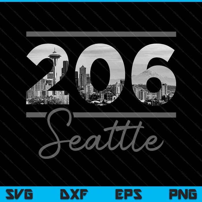 Seattle 206 Netnummer Skyline Washington Vintage SVG PNG Snijden afdrukbare bestanden