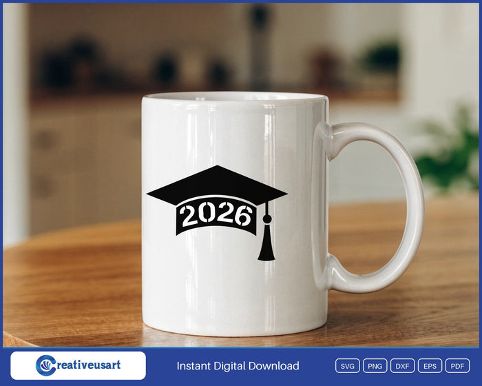 Senior Class Graduate 2026 cap SVG design on a white coffee mug