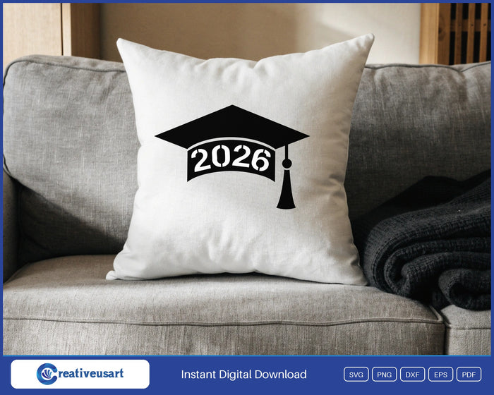 Senior Class Graduate 2026 cap SVG design on a white throw pillow