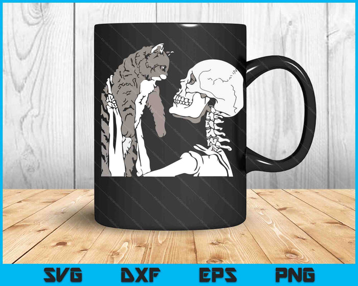 Esqueleto sosteniendo una camisa de gato perezoso disfraz de Halloween cráneo SVG PNG archivo de corte digital