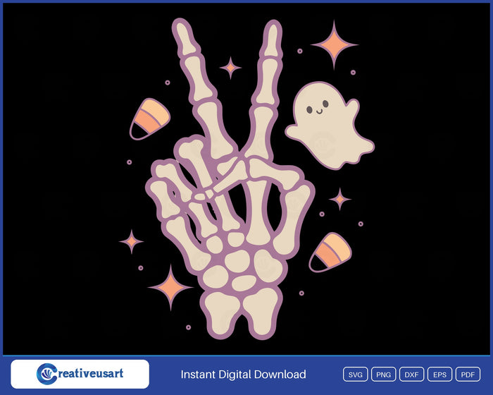 Pastel skeleton hand making a peace sign with a tiny ghost, candy corn and sparkles, Halloween SVG on black background