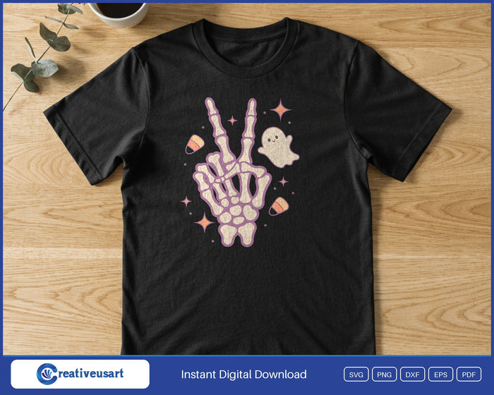 Skeleton hand peace sign ghost Halloween SVG printed on a black t-shirt for a retro Halloween lover