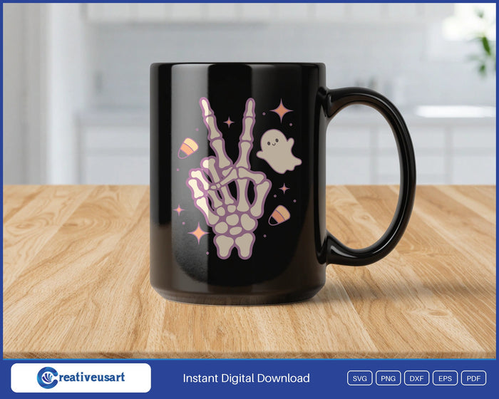 Skeleton hand peace sign ghost Halloween SVG on a black coffee mug, a fun spooky season gift