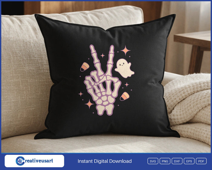 Skeleton hand peace sign ghost Halloween SVG on a black throw pillow