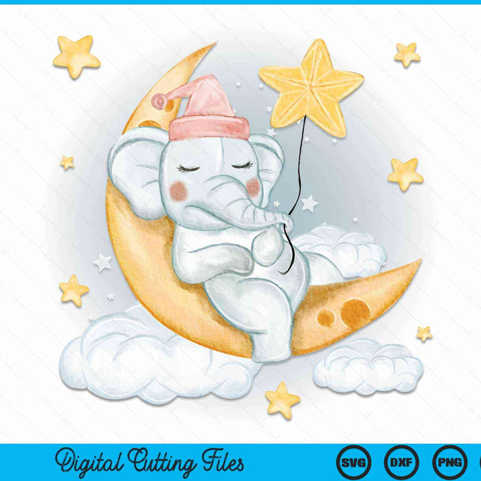Sleeping Elephant on Moon with Stars SVG PNG Digital Cutting Files