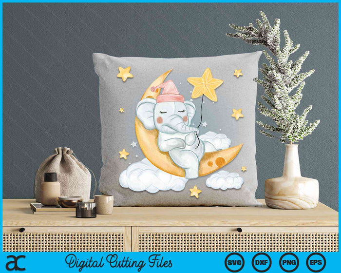 Sleeping Elephant on Moon with Stars SVG PNG Digital Cutting Files