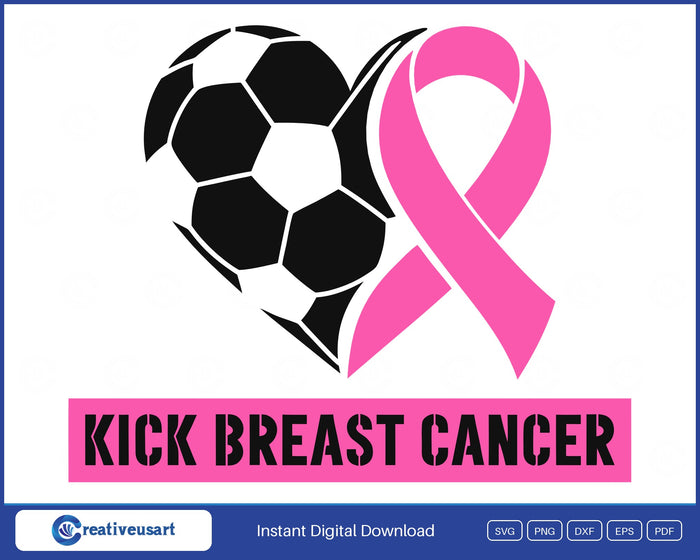 Kick Breast Cancer soccer SVG design, soccer ball and pink ribbon forming a heart over a pink lettering bar