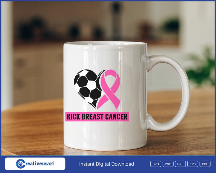 Kick Breast Cancer soccer design on a white coffee mug