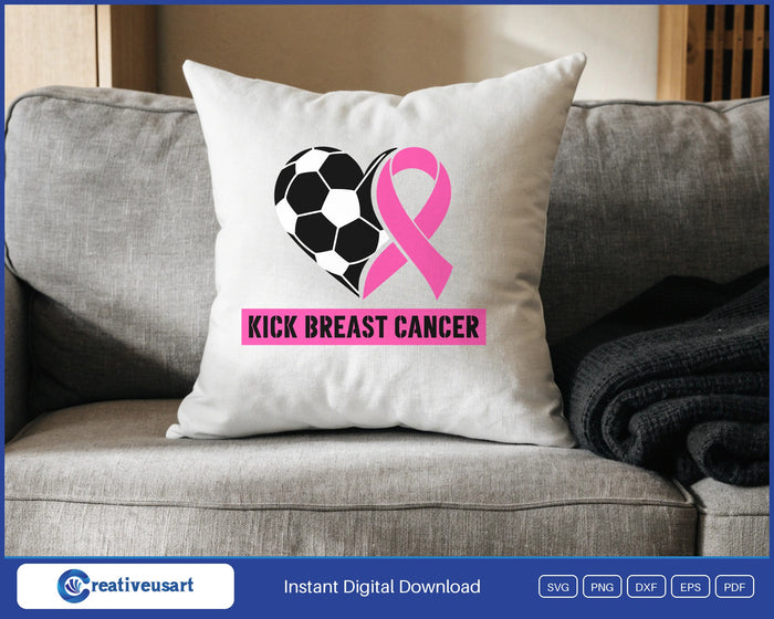 Kick Breast Cancer soccer design on a white throw pillow