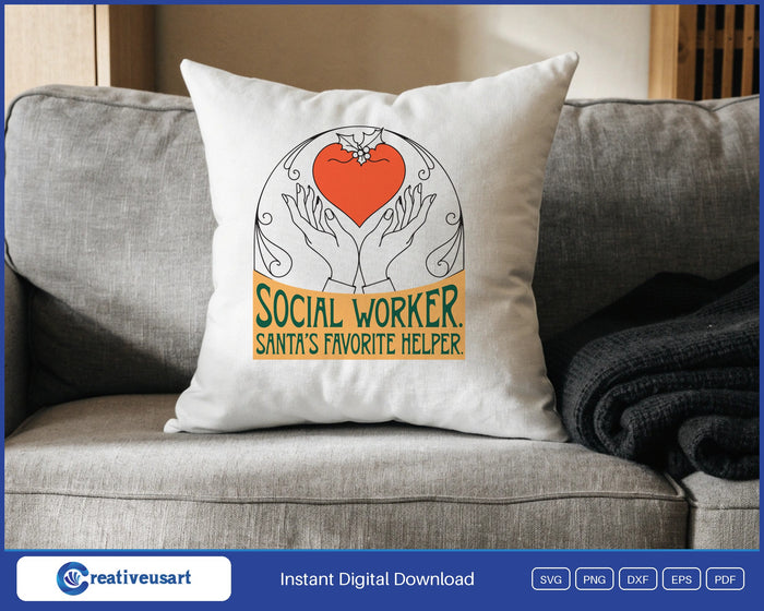 Social Worker Santa's Favorite Helper Christmas SVG design on a white throw pillow