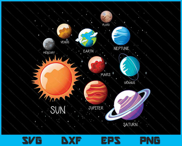 Zonnestelsel shirt kleurrijke ruimte planeten educatieve kinderen SVG PNG digitale snijbestanden