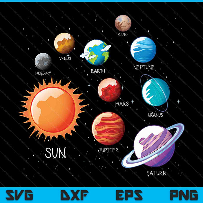 Zonnestelsel shirt kleurrijke ruimte planeten educatieve kinderen SVG PNG digitale snijbestanden