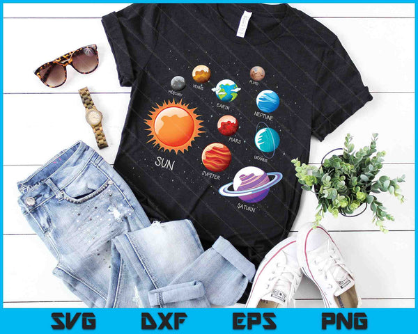 Zonnestelsel shirt kleurrijke ruimte planeten educatieve kinderen SVG PNG digitale snijbestanden