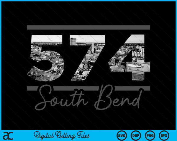 South Bend 574 Netnummer Skyline Indiana Vintage SVG PNG digitale snijbestanden 