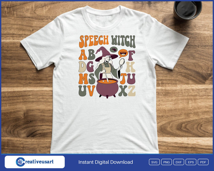 Speech Witch SLP Halloween SVG design shown on a t-shirt