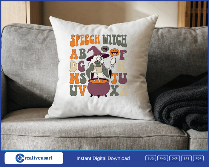 Speech Witch SLP Halloween SVG design on a throw pillow