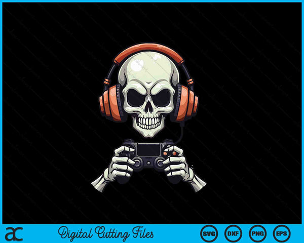 Spooky skeleton playing video games Halloween day gamer SVG cut file