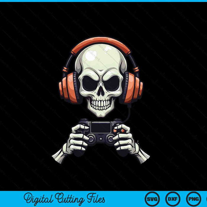 Spooky skeleton playing video games Halloween day gamer SVG cut file