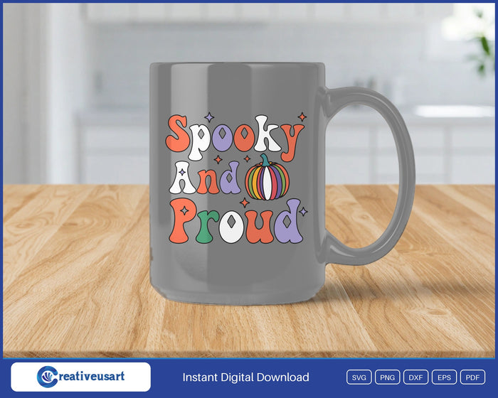 Spooky And Proud rainbow pumpkin Halloween SVG design on a black coffee mug
