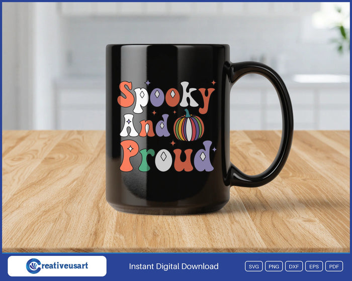 Spooky And Proud rainbow pumpkin Halloween SVG design on a black coffee mug
