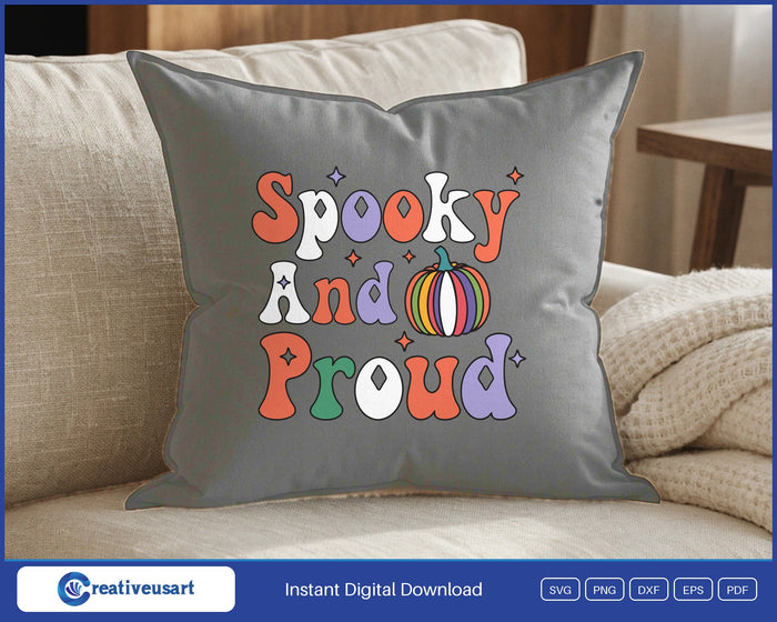 Spooky And Proud rainbow pumpkin Halloween SVG design on a black throw pillow