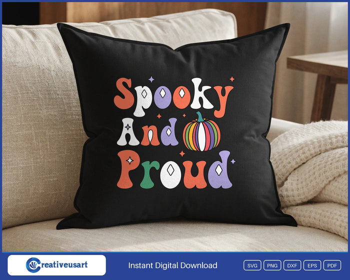 Spooky And Proud rainbow pumpkin Halloween SVG design on a black throw pillow