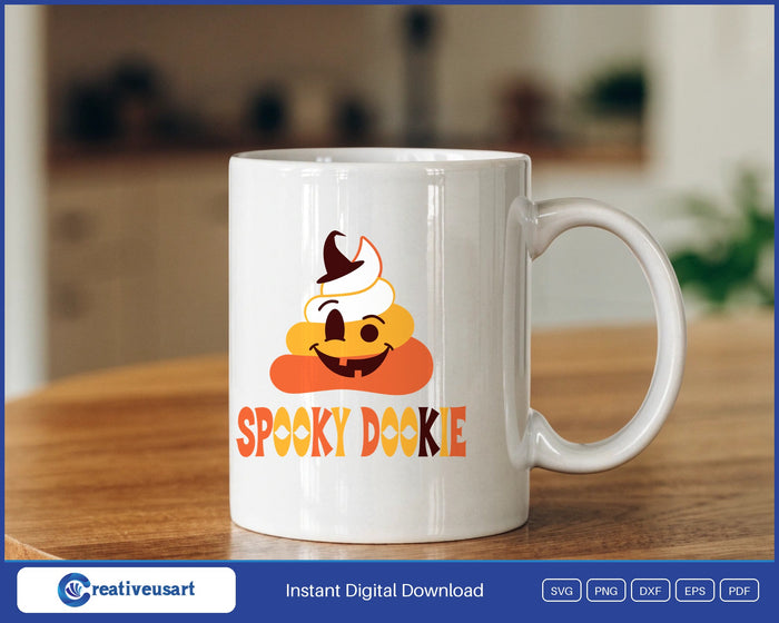 Spooky Dookie candy corn poop SVG design on a mug
