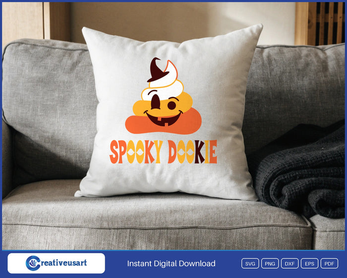 Spooky Dookie candy corn poop SVG design on a throw pillow