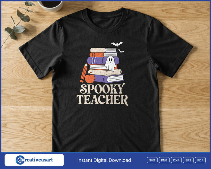 Spooky Teacher with a ghost, books, an apple and a pencil SVG printed on a black t-shirt