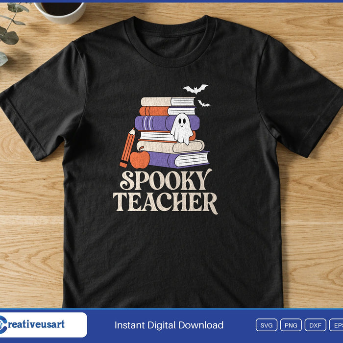 Spooky Teacher with a ghost, books, an apple and a pencil SVG printed on a black t-shirt