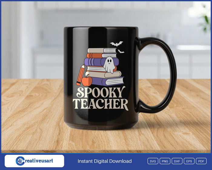 Spooky Teacher with a ghost, books, an apple and a pencil SVG design on a black coffee mug