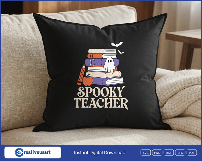 Spooky Teacher with a ghost, books, an apple and a pencil SVG design on a black throw pillow