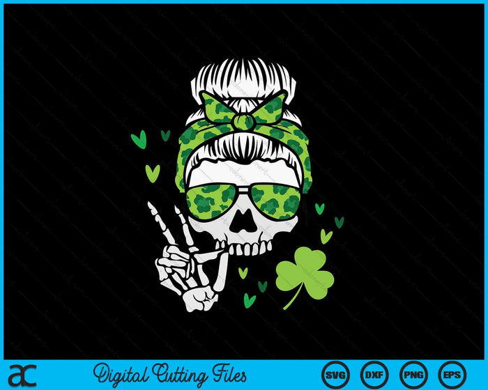 St Patricks Day Skull Messy Bun Saint Pattys Paddys SVG PNG Digital Printable Files