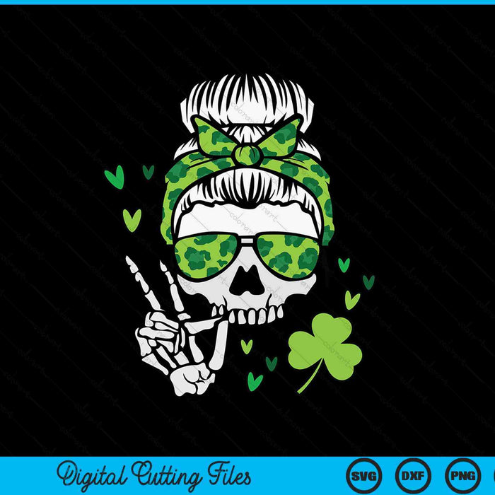 St Patricks Day Skull Messy Bun Saint Pattys Paddys SVG PNG Digital Printable Files