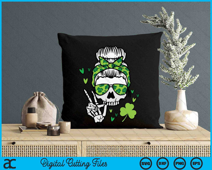 St Patricks Day Skull Messy Bun Saint Pattys Paddys SVG PNG Digital Printable Files