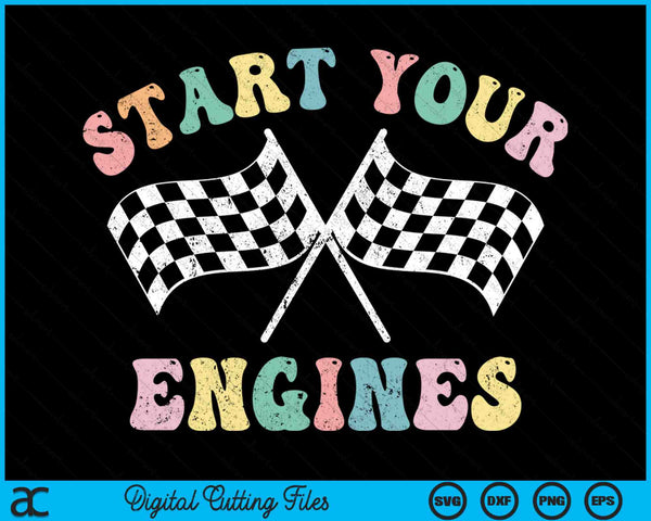 Start Your Engines Groovy Checkered Flag Retro Racing SVG PNG Digital Printable Files