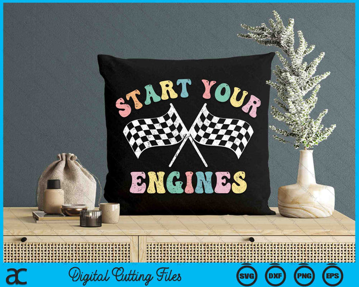 Start Your Engines Groovy Checkered Flag Retro Racing SVG PNG Digital Printable Files