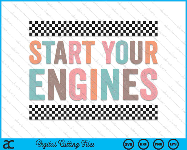 Start Your Engines Vintage Retro Checkered Flag Racing Car SVG PNG Digital Cutting Files