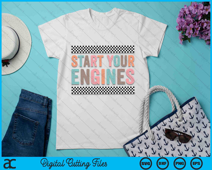 Start Your Engines Vintage Retro Checkered Flag Racing Car SVG PNG Digital Cutting Files