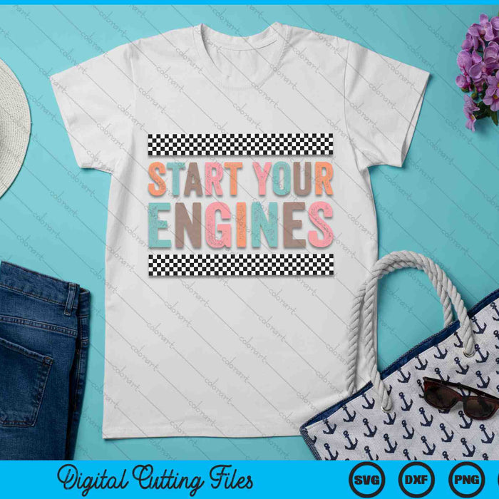 Start Your Engines Vintage Retro Checkered Flag Racing Car SVG PNG Digital Cutting Files