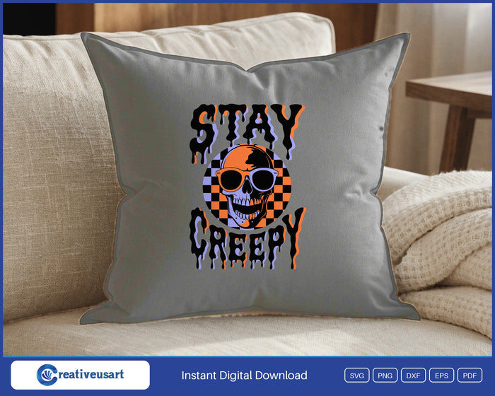 Stay Creepy skull in sunglasses Halloween SVG design on a white throw pillow
