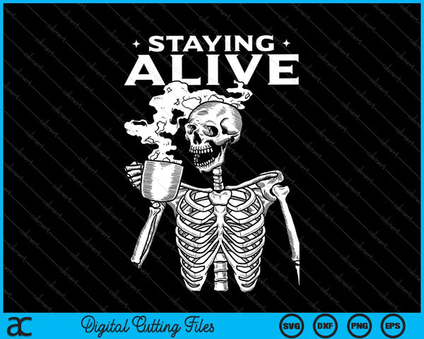 In leven blijven skelet drinken koffie grappige skelet schedel SVG PNG snijden afdrukbare bestanden