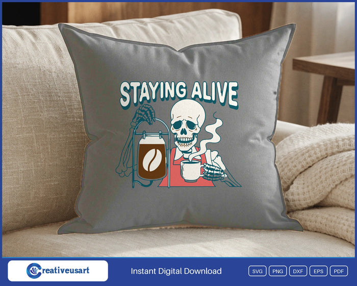 Staying Alive skeleton coffee design on a heather grey throw pillow